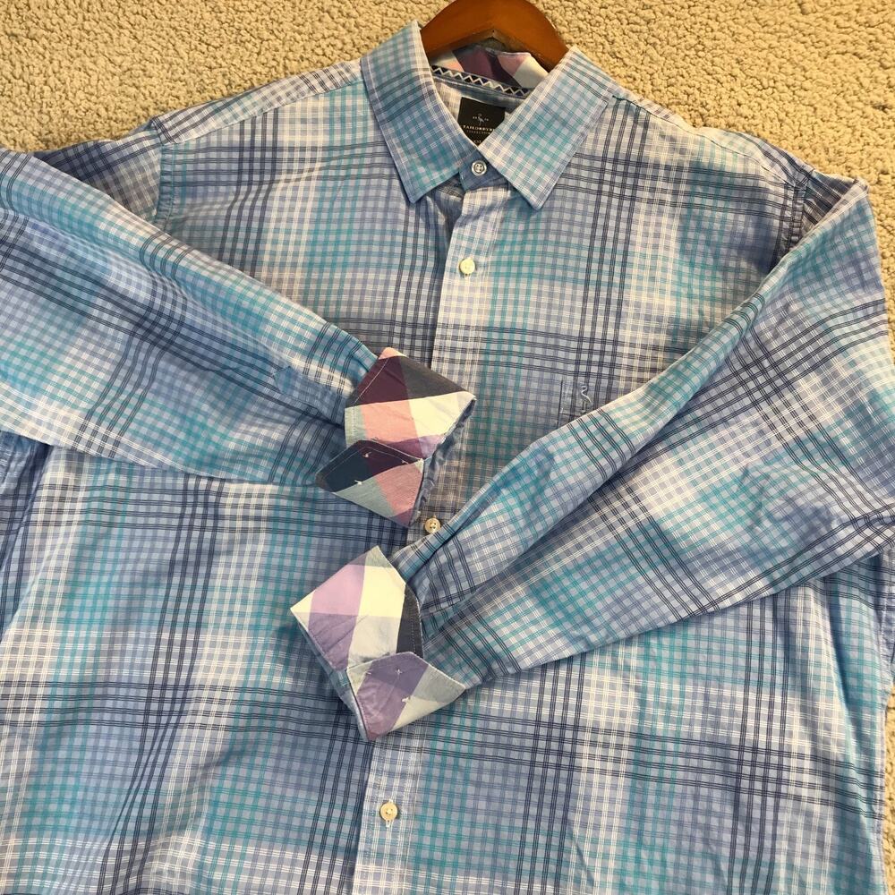 Tailorbryd Mens Long Sleeve Dress Flip Cuff Shirt 2XL Light Blue Plaid Button
